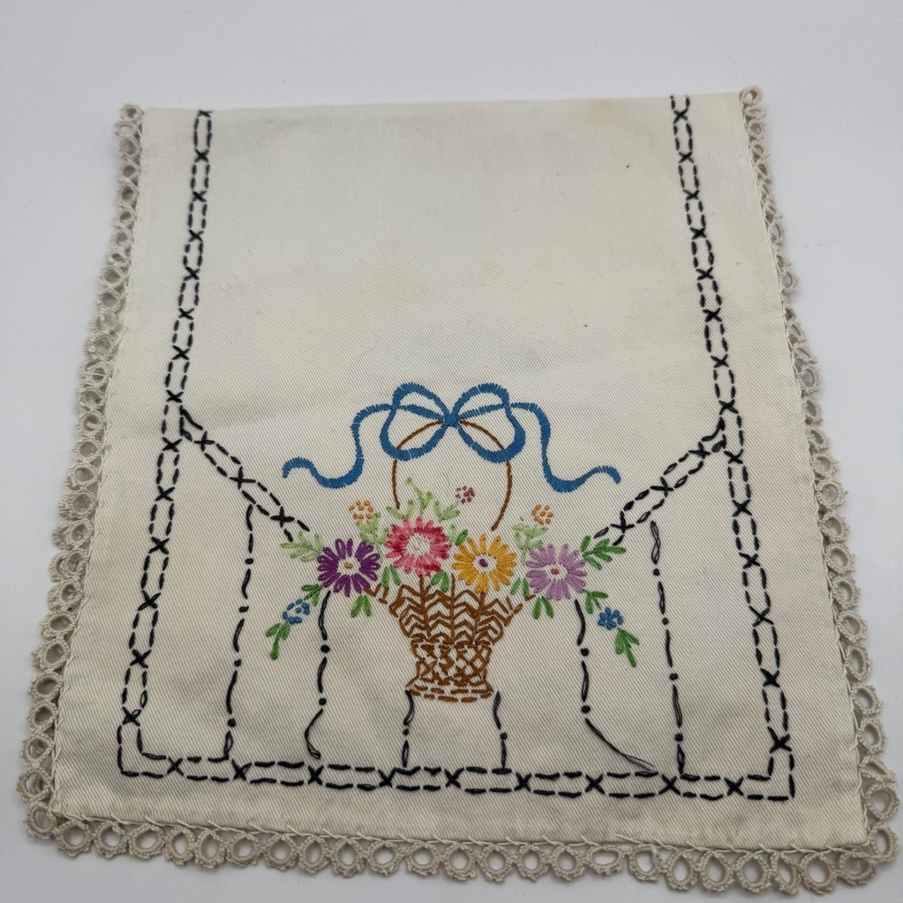 Arm Rest Cover Cream Embroidered Floral Basket Lace Trim 20"